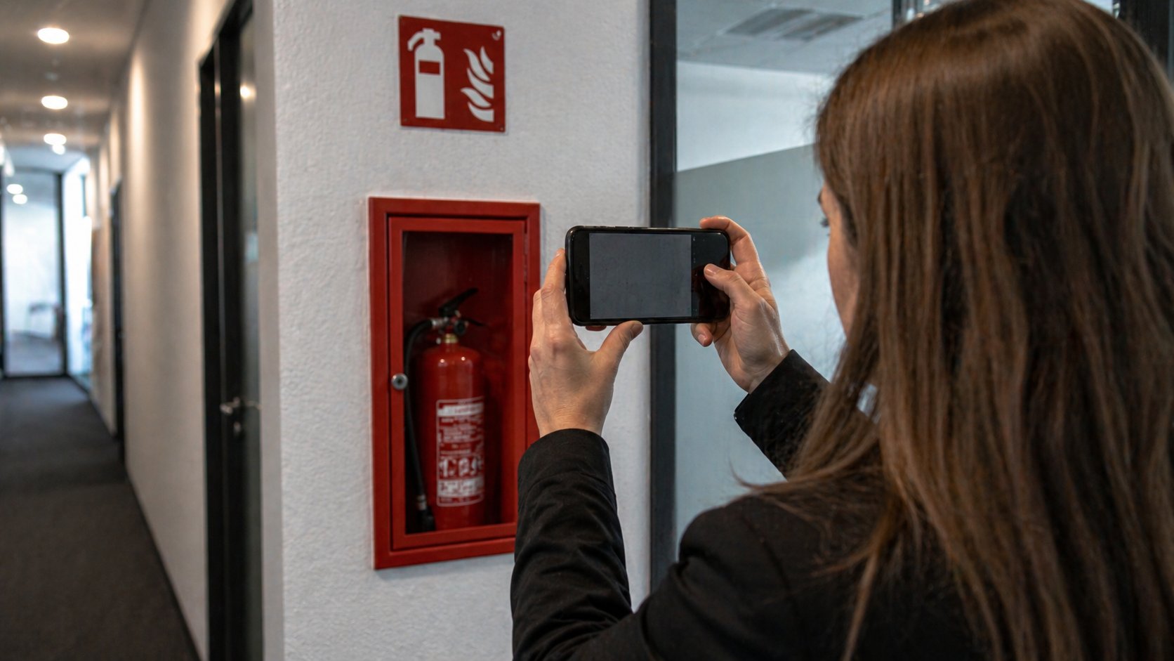 Brandschutzbeauftragte dokumentiert brandschutzbegehung mit dem Smartphone